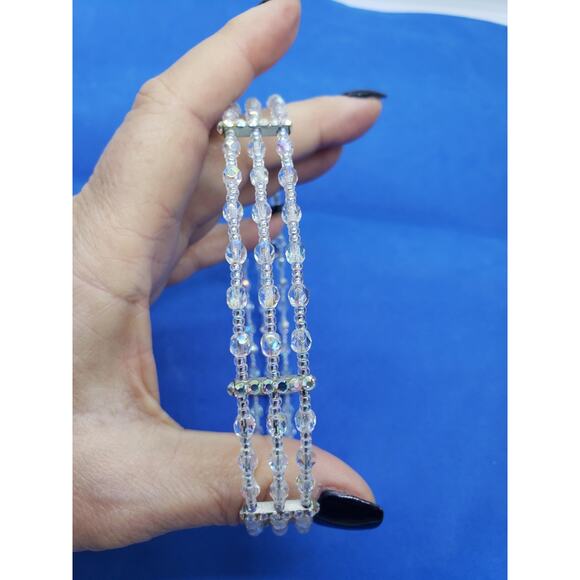 Vintage Aurora Borealis AB Crystal 3 Strand Choker Necklace Rhinestone - Picture 2 of 7